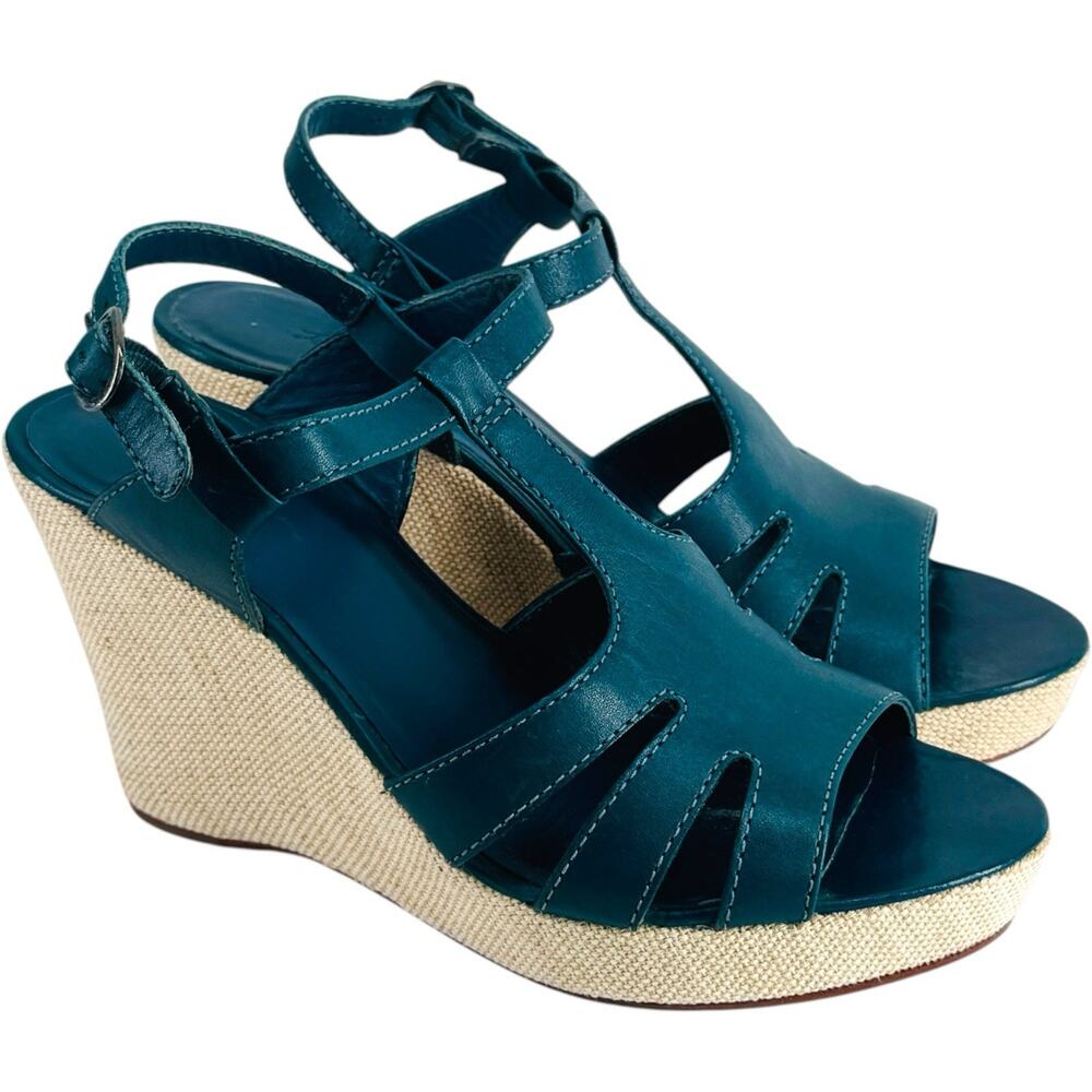 LL Bean Women 8 M Blue Teal Leather Espadrille Wedge Sandal T-Strap Ankle Buckle